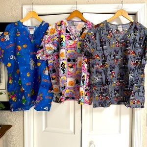 Three Halloween Scrub tops. Size large
